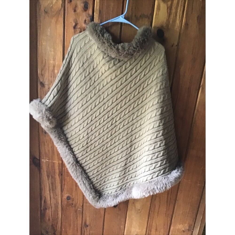 Le Moda Poncho Cape Brown Cable Knit Faux Fur Trim - Picture 4 of 6